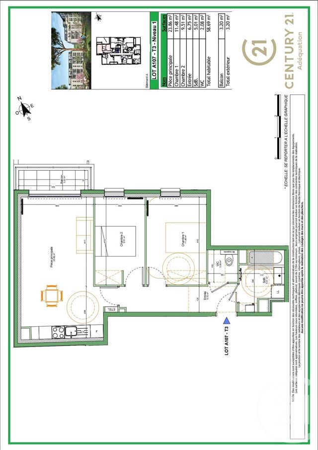 Appartement F2 à vendre - 3 pièces - 58,69 m2 - Noisy Le Grand - 93 - ILE-DE-FRANCE